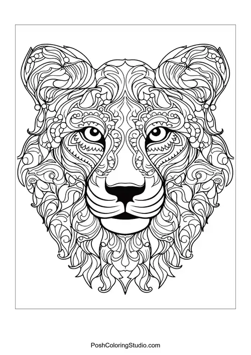A lion's face with detailed patterns and flowing hair.