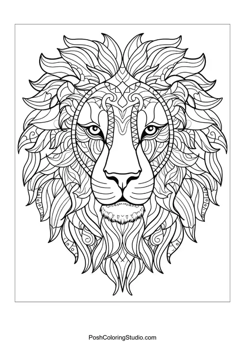 A lion's face featuring elaborate line work and patterns.