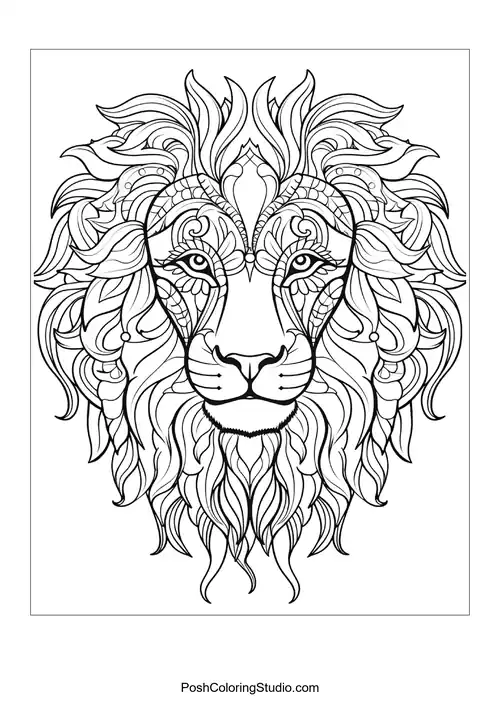 A lion's face with intricate designs and flowing mane.
