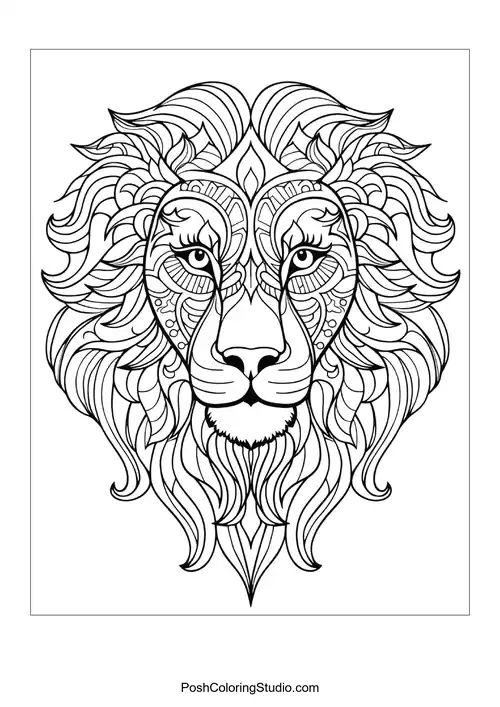 A lion's face featuring unique mandala patterns and details.