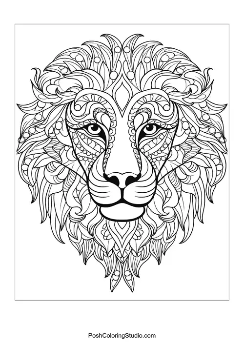 A lion's face with intricate floral designs and textures.