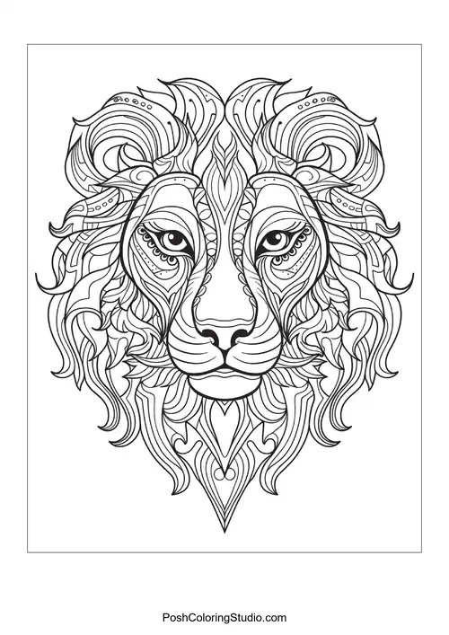A lion's face adorned with detailed patterns and accents.