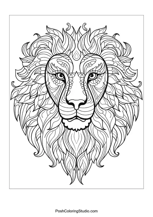 A lion's face with intricate designs and flowing hair.