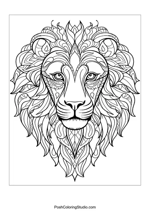 A lion's face featuring unique patterns and floral elements.