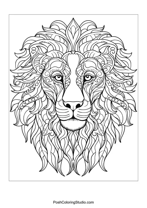 A lion's face with intricate floral designs in the mane.