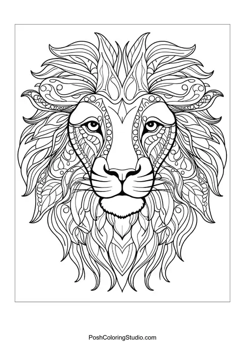 A lion's head with detailed line work and decorative features.