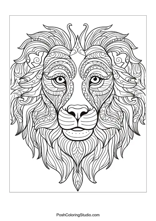 A lion's face with intricate patterns and flowing mane details.