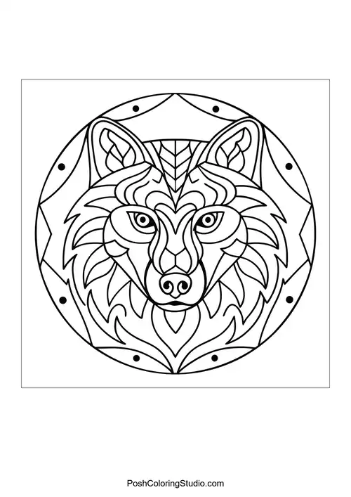 Wolf head within a circular mandala frame.