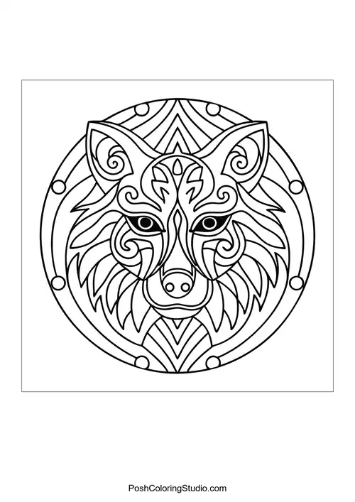 Wolf head with swirling patterns and decorative elements.