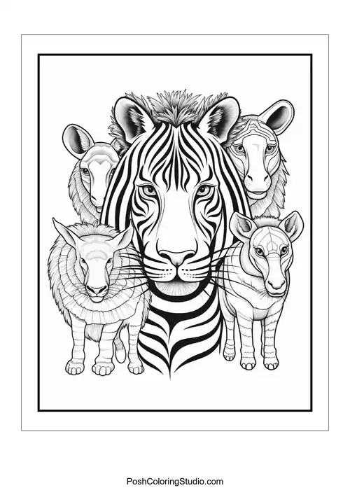 A zebra surrounded by various safari animals in a unique arrangement.