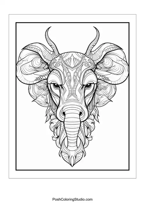 An ornate elephant head with decorative patterns and textures.