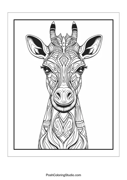A giraffe with intricate patterns and a serene expression.