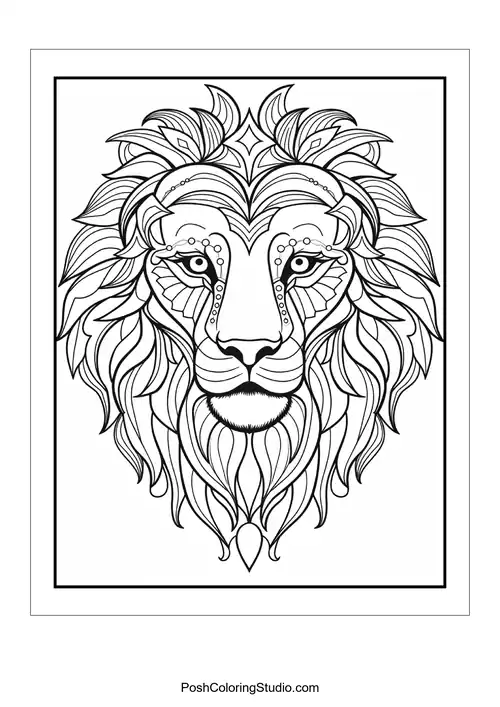 A lion's face with detailed patterns and a fierce gaze.
