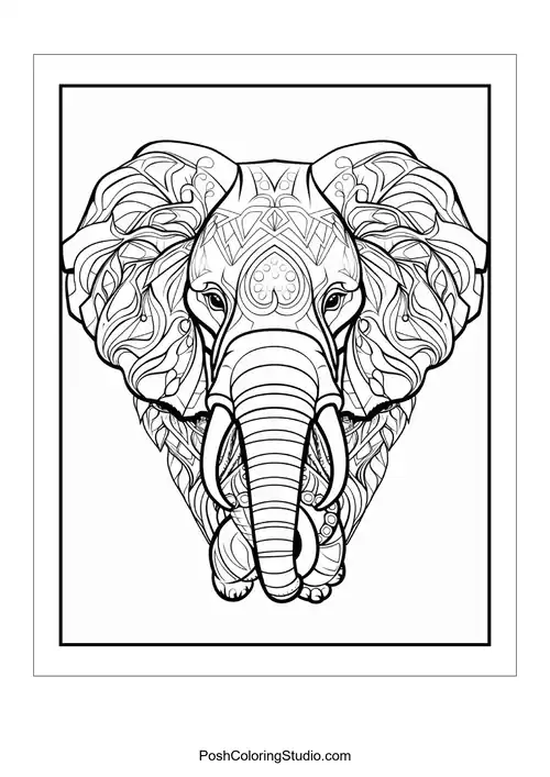 An elephant with elaborate patterns and a majestic presence.