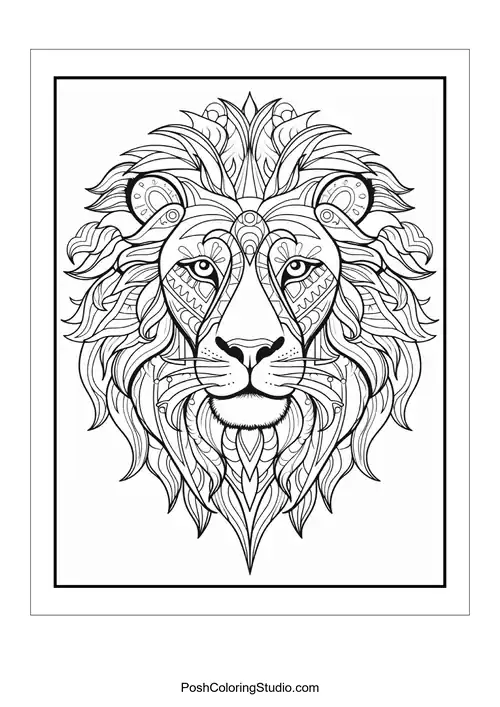 A lion's face with decorative elements and a bold expression.