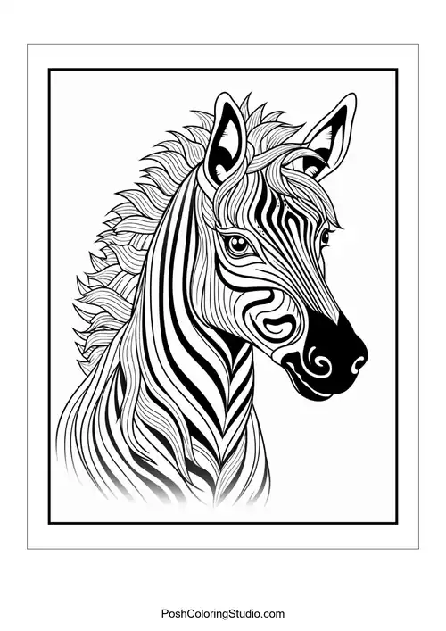 A zebra's head with flowing lines and striped patterns.