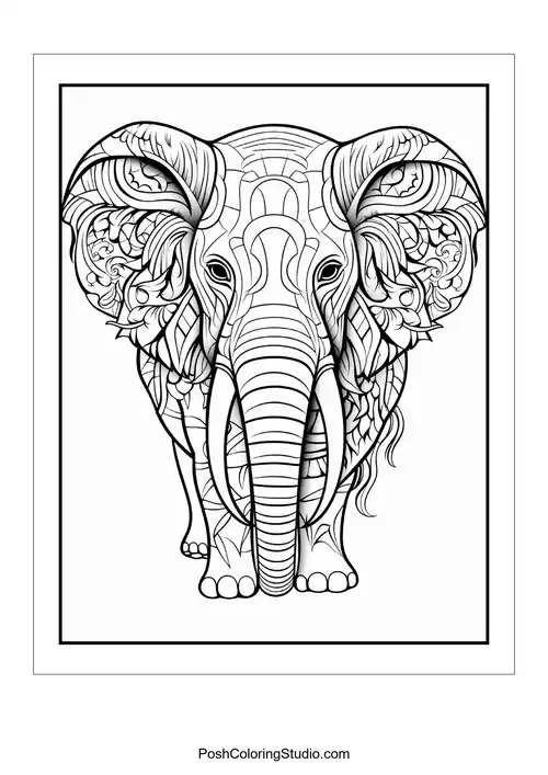 An elephant with elaborate designs and a calm demeanor.