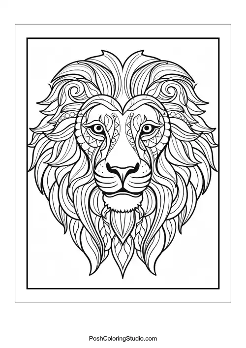 A lion's head with detailed mane and facial features.