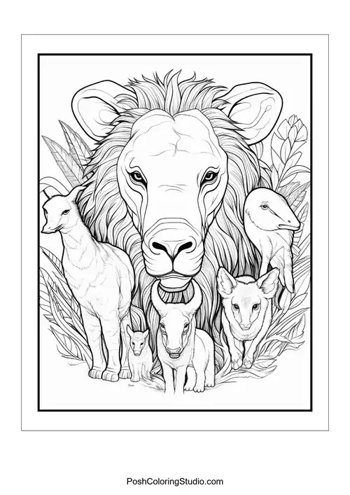 A lion's face with detailed patterns and a fierce gaze.