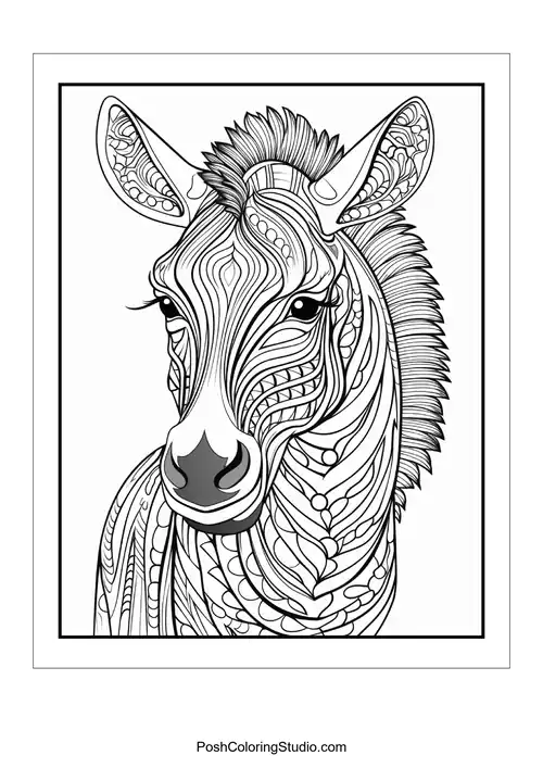 A zebra with unique patterns and a striking expression.