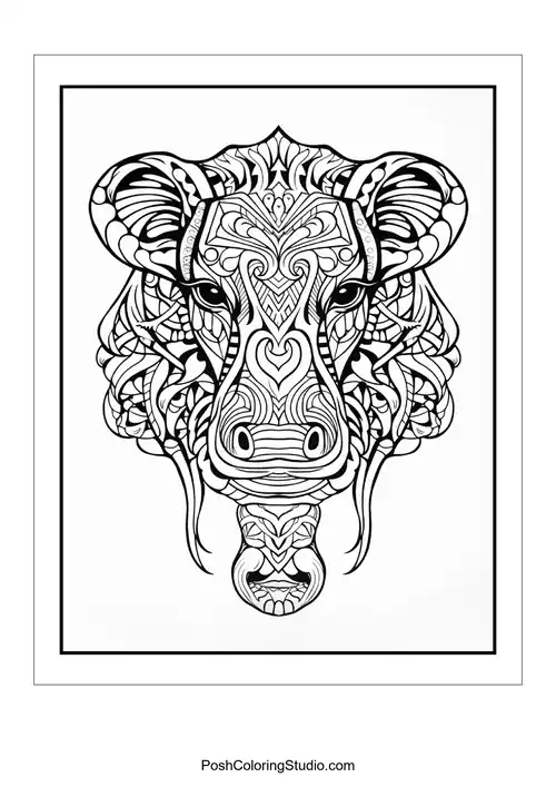 A giraffe with intricate patterns and a gentle expression.