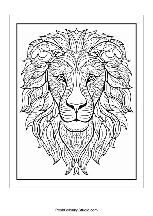 A lion's face with detailed patterns and a fierce expression.