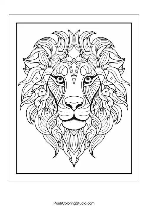 A lion's head with intricate patterns and flowing mane.