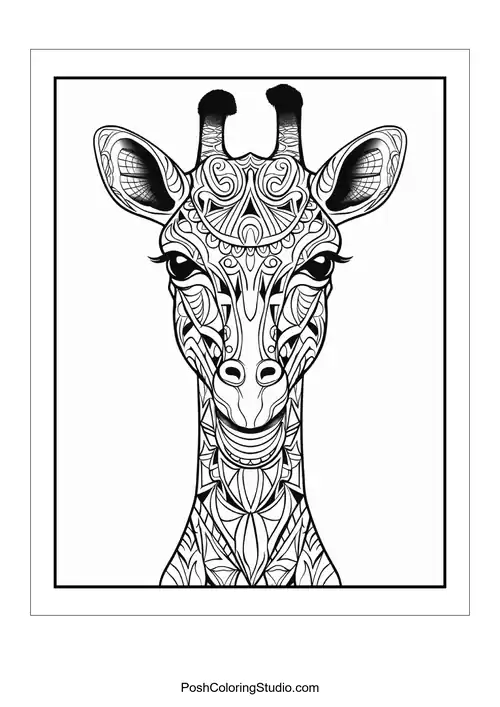 A giraffe with intricate patterns and a serene expression.
