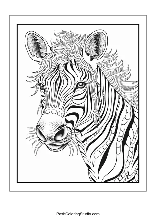 A giraffe with intricate patterns and a gentle expression.