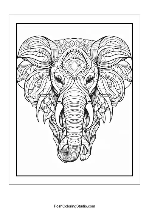 Intricate elephant head with decorative patterns and swirling lines.