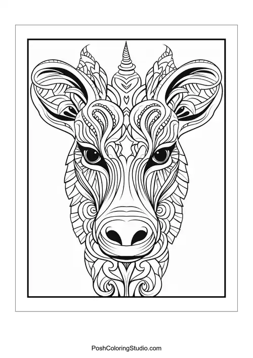 Stylized cow head adorned with floral and geometric patterns.
