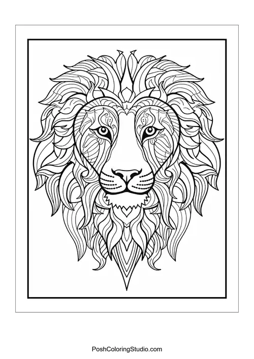 A lion's head with detailed features and decorative mane.