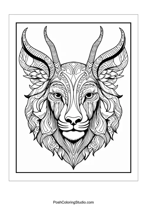 Majestic lion head with elaborate mane and decorative elements.
