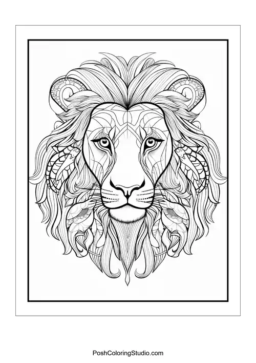 A lion's head with intricate patterns and flowing hair.