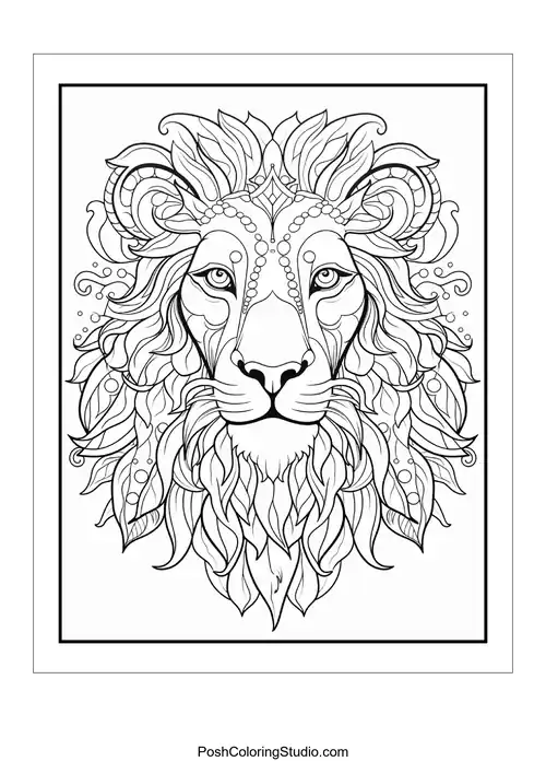 A lion's head with detailed mane and facial features.