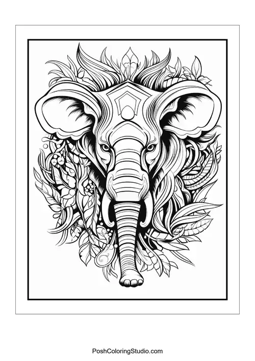 An intricately designed elephant surrounded by floral patterns.