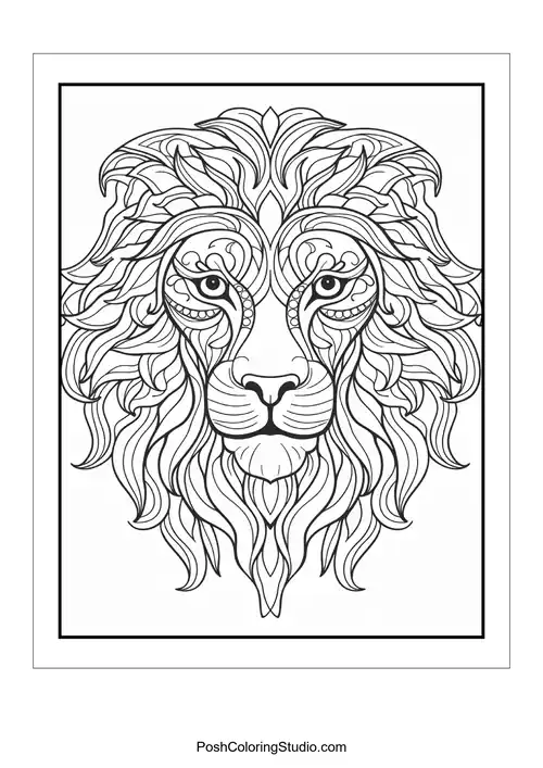 A majestic lion's face with flowing mane and decorative details.