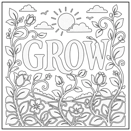 The word GROW lettered inside a garden scene — free printable monochrome coloring page