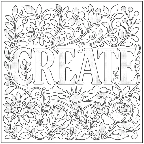 The word CREATE lettered inside dense blooms and scattered foliage — free printable monochrome coloring page