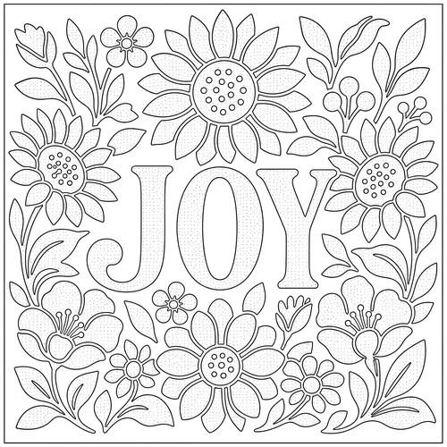 The word JOY lettered inside sunflowers turned toward the light — free printable monochrome coloring page