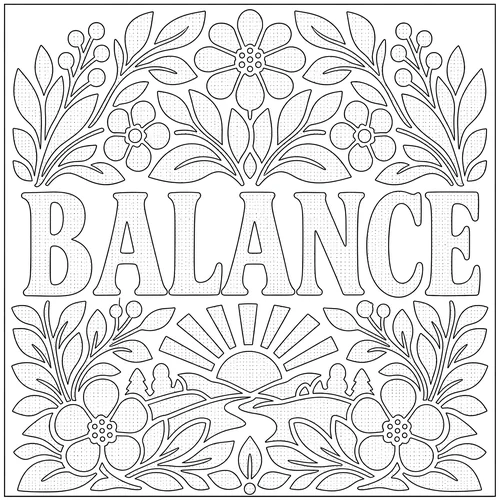 The word BALANCE lettered inside a symmetrical border of leaves and berries — free printable monochrome coloring page