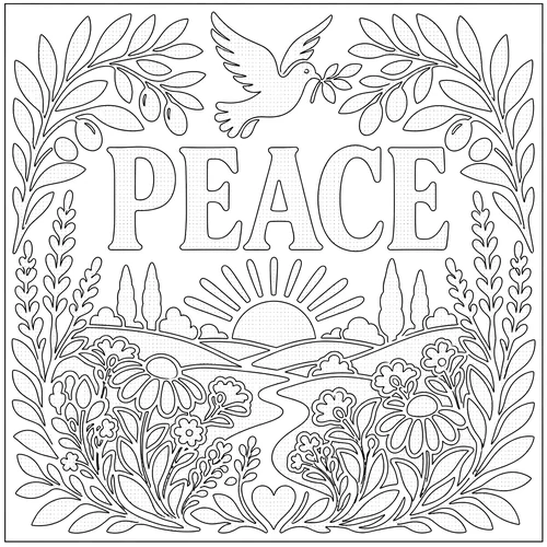 The word PEACE lettered inside a dove above a quiet valley — free printable monochrome coloring page
