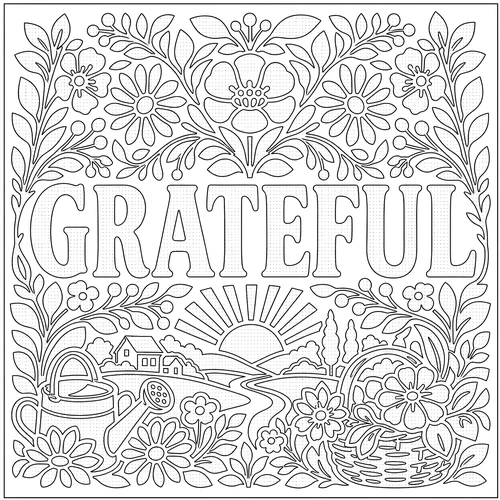 The word GRATEFUL lettered inside a harvest basket in a flowering field — free printable monochrome coloring page