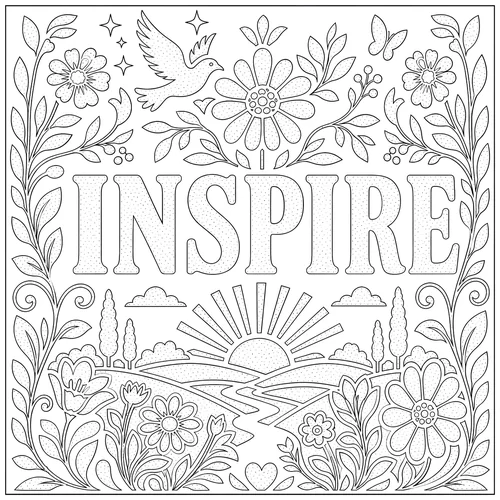 The word INSPIRE lettered inside birds rising over a sunlit horizon — free printable monochrome coloring page