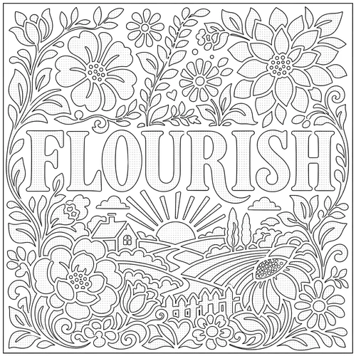 The word FLOURISH lettered inside a cottage garden in full growth — free printable monochrome coloring page