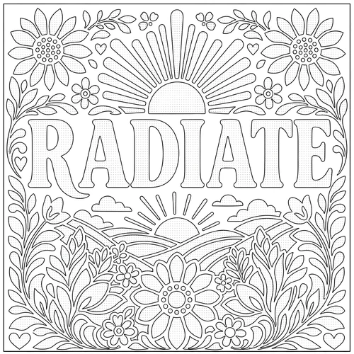 The word RADIATE lettered inside a large sun with long rays and sunflowers — free printable monochrome coloring page