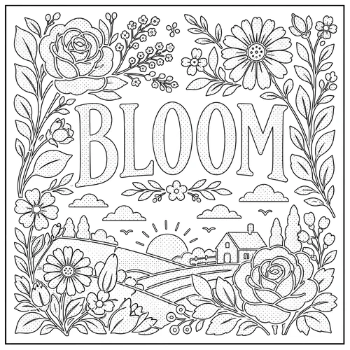 The word BLOOM lettered inside a farmhouse valley ringed with peonies — free printable monochrome coloring page