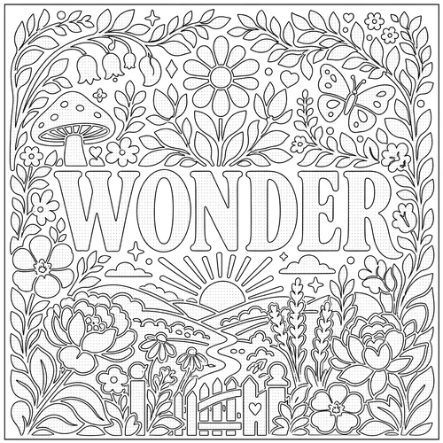 The word WONDER lettered inside toadstools, a winding path and evening light — free printable monochrome coloring page