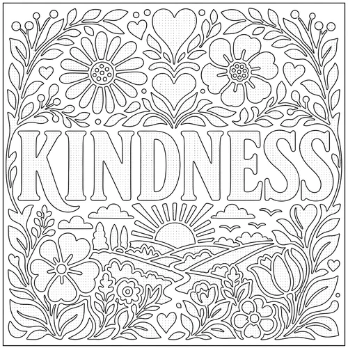 The word KINDNESS lettered inside hearts folded into a flower border — free printable monochrome coloring page