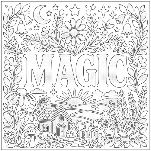 The word MAGIC lettered inside a cottage under a crescent moon and stars — free printable monochrome coloring page